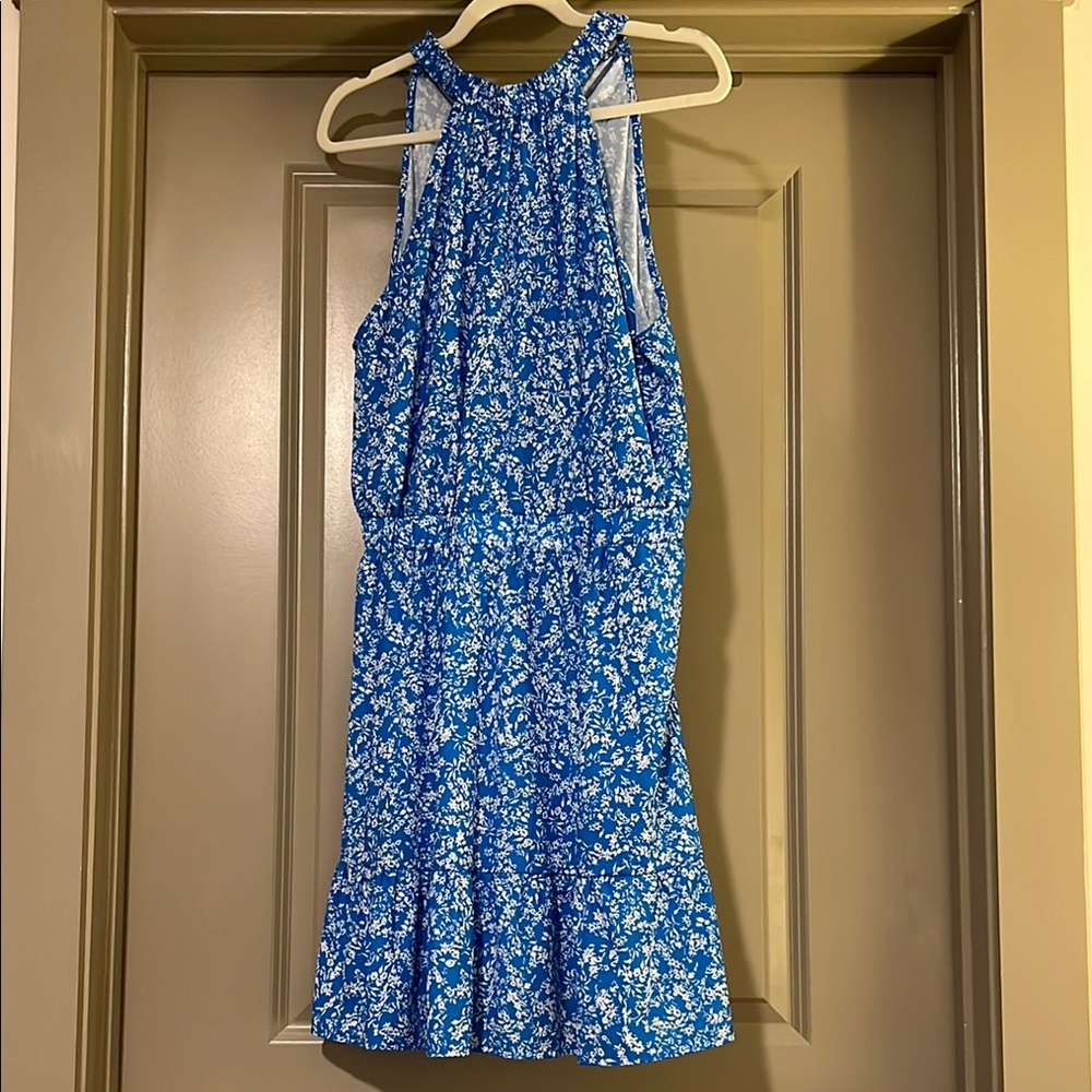 Blue Floral Sleeveless High Neck Dress